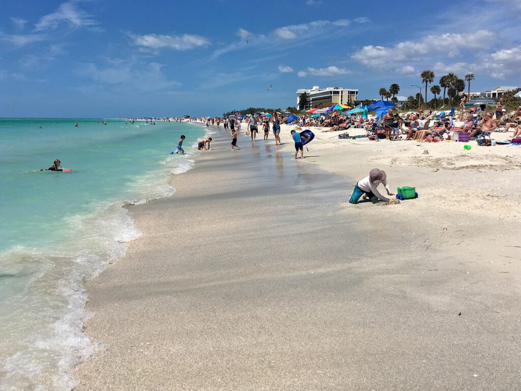 Clear Gulf water and white sand on Lido Key Beach, Sarasota