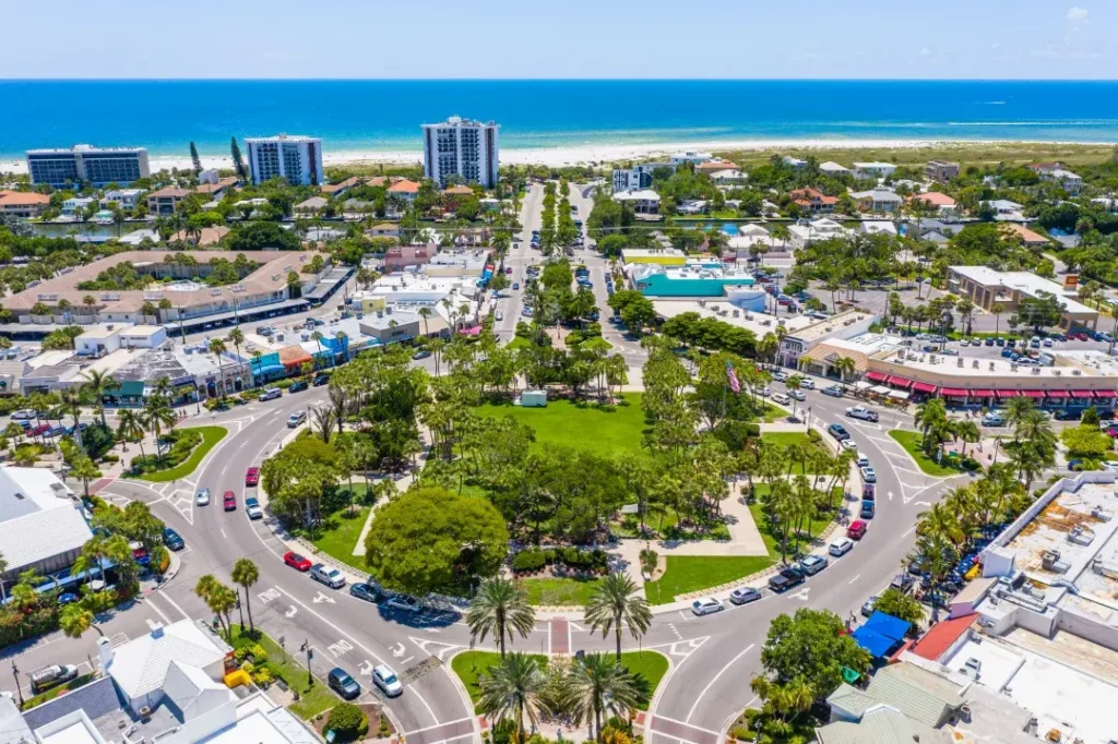 Aerial view of St. Armands Circle with Lido Beach and the Gulf beyond